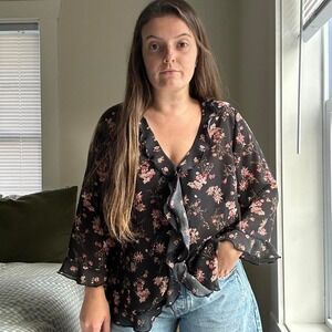 Vintage Black & Pink Floral Sheer‎ Ruffle Blouse Size Medium